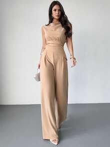 Firerie Set de damă cu top, guler drapat, tiv neregulat, culoarea cămilă, și pantaloni ușor evazați cu picior drept, set de pantaloni de culoare uni, set la modă modern, set elegant pentru naveta, set șic, set fără mâneci, îmbrăcăminte de primăvară/toamnă/iarnă, ținută elegantă, pentru naveta, business, casual, minimalistă, de lucru, ținută de Ziua Profesorului - Cămilă - Vizualizare 8