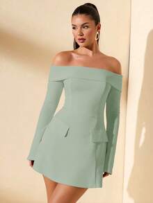 SHEIN BAE Women's Autumn Off-Shoulder Long Sleeve Decor Cocktail Dress For Party, Date Night - Mint Green - View 3