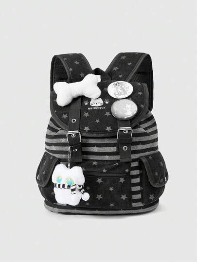 Grunge Punk Punk Style Cat Paw, Bone, Star Print Contrast Color Multi-Pocket Black Backpack, Fashionable Casual Unisex Large Capacity Bag Suitable For Commuting, School