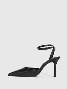 CUCCOO SZL 米色PU撞色蕾丝拼接时尚优雅性感露跟尖头高跟鞋情人节 - 黑色PU - 查看 5