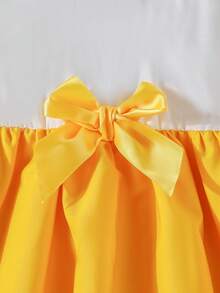 SHEIN Young Girls'  Contrast Lace Shiny Tape Cinching Waist Dress, Suitable For Summer - Yellow - View 7