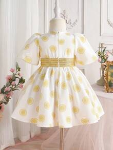 Baby Girl Elegant Round Neck Polka Dot Gold Ribbon Waist Decor Dress - Apricot - View 5