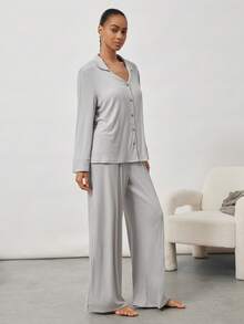 Ocili Set Pakaian Santai Kasual Wanita Lengan Panjang Kancing Depan Warna Polos - Grey - View 6