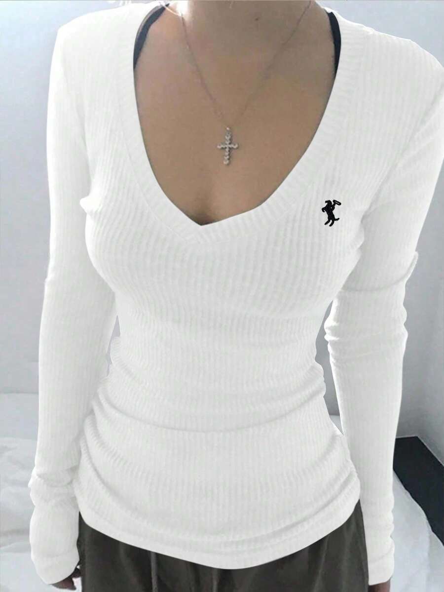 SHEIN 刺绣V领修身长袖女式T恤 - 白色 - 查看 1