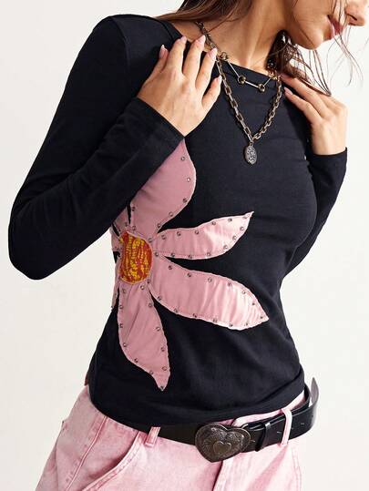 Bohemela 休闲撞色圆领长袖修身女式T恤