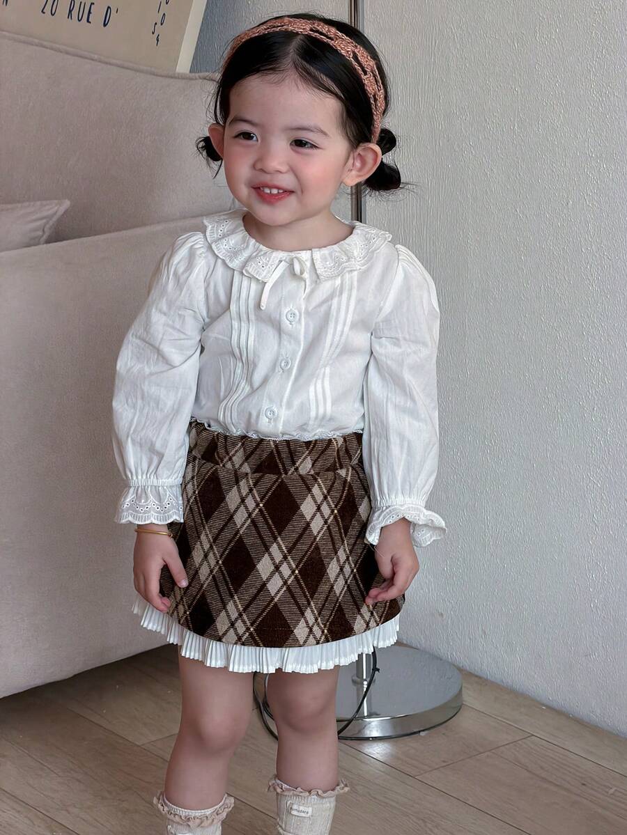 DAZY 女童格子荷叶边撞色韩版半身裙，冬季款 - 咖啡棕 - 查看 1