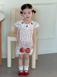 DAZY 女婴草莓印花圆领短袖可爱连体衣 - 白色 - 查看 6