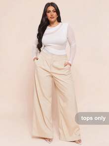 SHEIN BAE 大码女式黑色透视网纱拼接不对称连体衣，长袖，性感时尚，秋冬款 - 白色 - 查看 7