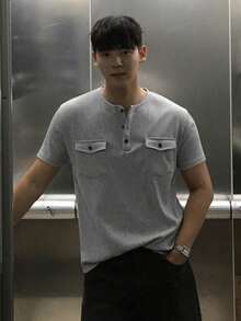 DAZY Men's Summer Pocket Design Round Neck Half-Placket T-Shirt - Grey - View 3