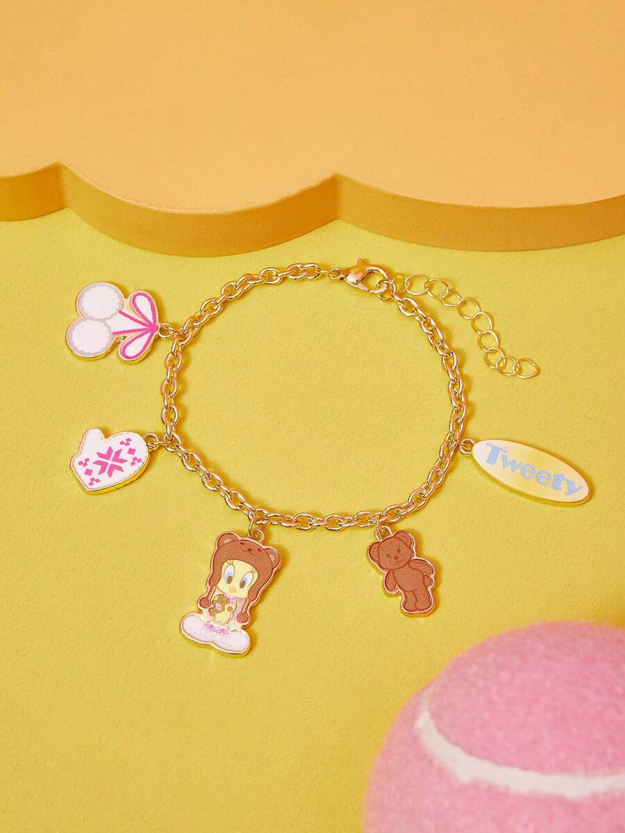 LOONEY TUNES X SHEIN 1 chiếc vòng tay dây mảnh bằng hợp kim kẽm họa tiết hoạt hình thời trang, đơn giản và dễ thương, thanh lịch và độc đáo, thích hợp cho các bữa tiệc, buổi hòa nhạc, lễ hội. - Vàng - Xem 1