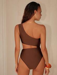 Swim Chiccia 1pc Women's Minimalist Solid Color Hollow Out Single Strap Elegant Pearl Metal Decor One-Piece Swimsuit, Suitable For Beach & Resort, Spring/Summer - Brown - View 2