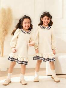 Đầm dài tay cổ kẻ caro phối nhiều mảnh, kiểu dáng thường ngày, tay bồng, dành cho bé gái. - Màu be - Xem 4