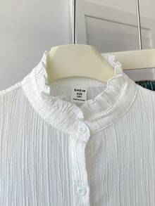 SHEIN 少女纯色荷叶边下摆休闲衬衫，优雅正式上衣，适合青少年女孩，女童校服衬衫 - 白色 - 查看 7