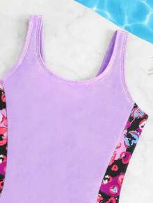 SHEIN Bộ áo liền quần không tay in họa tiết nhiều màu sắc dành cho bé gái - Màu tím - Xem 7