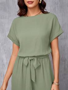 SHEIN Clasi Women's Elegant Round Neck Jumpsuit With Waist Belt And Wide Leg - Mint Green - View 6