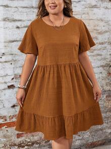 SHEIN LUNE Plus Size Casual Solid Color Ruffle Hem Dress Rust Brown Autumn Midi Summer Short Sleeve Dresses - Khaki - View 6