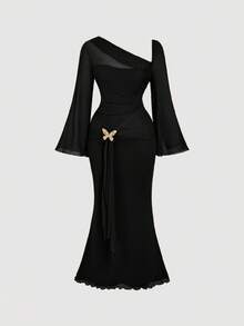 SHEIN MOD Plus Size Asymmetric Shoulder Flare Sleeve Brown Dress With Bowknot Metal Buckle Fishtail Hem - Black - View 5