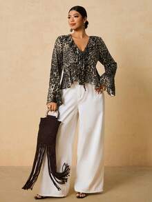 SHEIN VCAY Plus Size Women's Leopard Print Chiffon Long Sleeve Blouse, V-Neck Ruffle Romantic Elegant Top - Grey - View 4