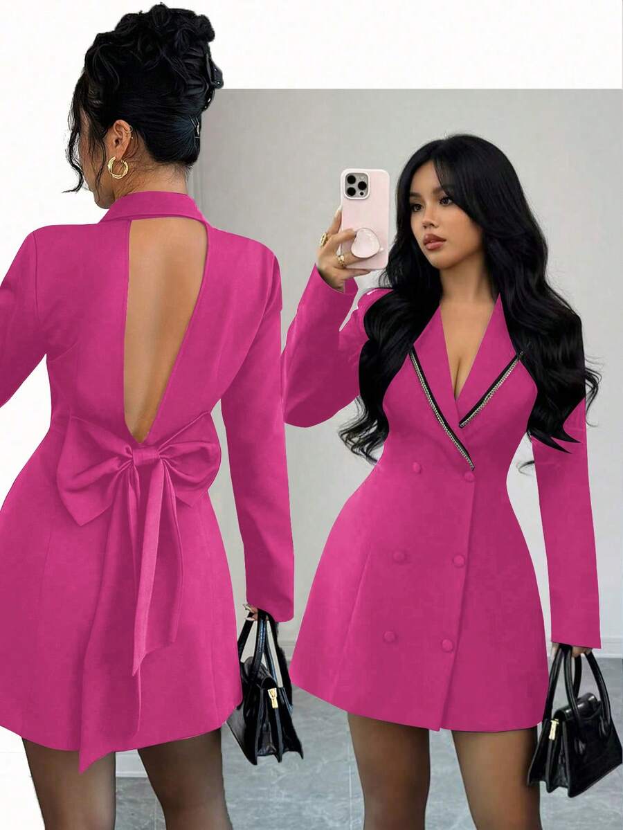 Rafferiza Women's Long Sleeve Open Back Bowknot Decor Hollow Out Dress - Hot Pink - View 1