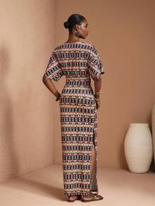 JIAN LASALA All-Over Print Jersey Knit V Neck Batwing Sleeve Ruched Side Slit Women Maxi Dress - Multicolor - View 2