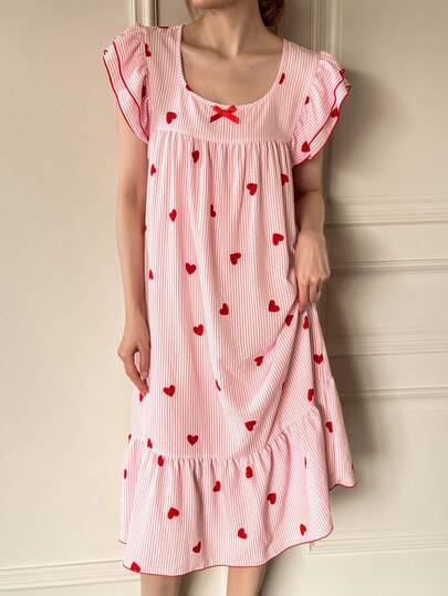 Dream Adore Women's Elegant Striped Heart Print Ruffle Trim Cap Sleeve Nightgown Cherry Dress Pajamas Dress Cute Nightgown