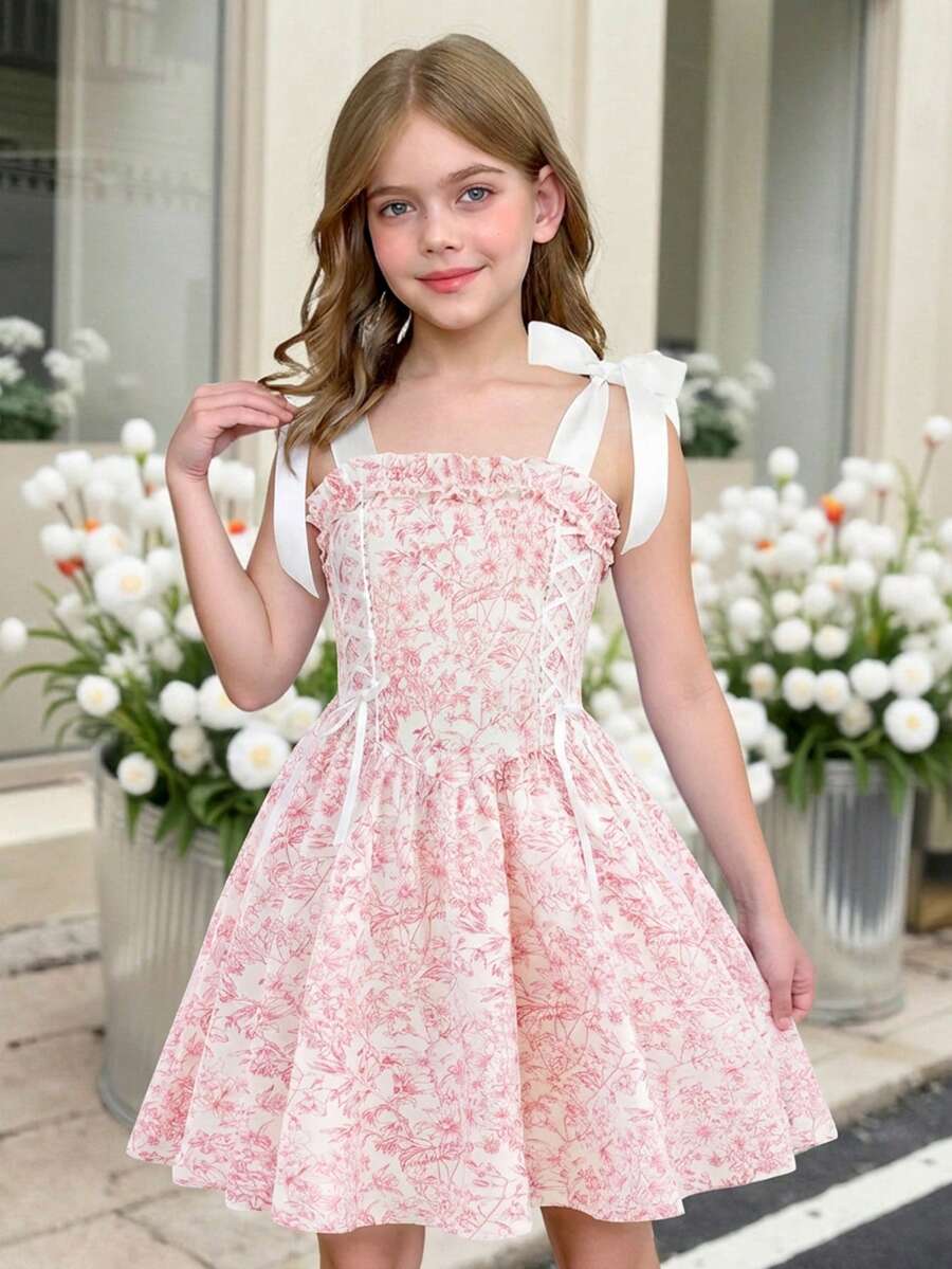 SHEIN Vestido de tirantes con estampado de mariposa, elegante y dulce, para niña preadolescente - Rosa Fucsia - Ver 1