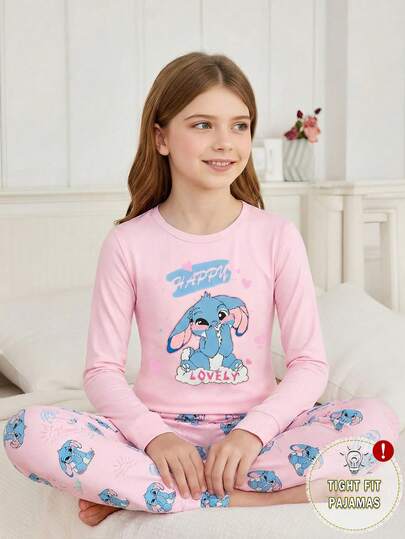 SHEIN 2 件套女童可爱蓝色图案印花粉色圆领长袖上衣和裤子针织面料舒适柔软高弹力紧身睡衣