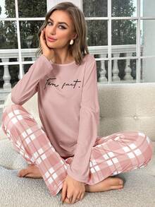 Lazeform 字母印花长袖上衣和格子裤睡衣套装，秋冬舒适优雅细节 - 藕粉色 - 查看 5