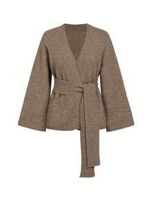 Ellevyn 女士纯色长袖系带针织开衫（秋冬季款） - 摩卡棕 - 查看 7