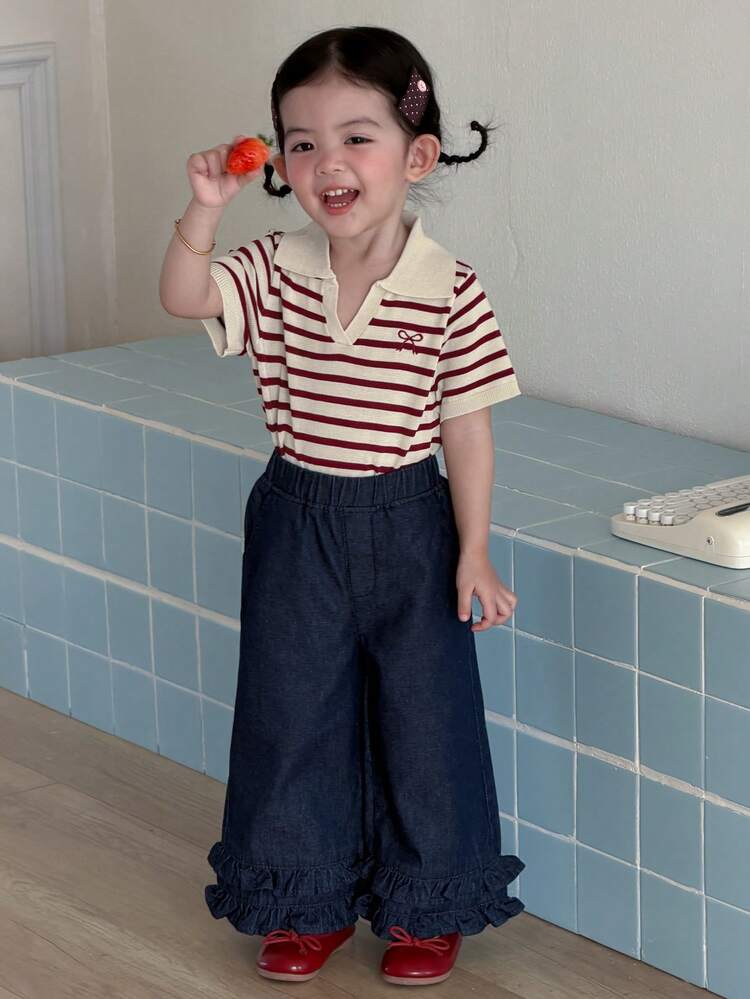 Toddler Girls' V-Neck Striped Casual Korean Style Short Sleeve Top, Summer