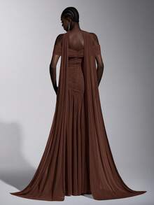 Elitara Elegant Gray Minimalist Off-Shoulder Ruched Asymmetric A-Line High Slit Dress, Suitable For Weddings, Formal Events, Galas, And Cocktail Parties - Brown - View 3