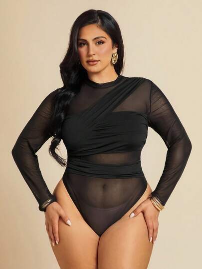 SHEIN BAE Bodyduit asimétrico de manga larga con cordones y transparencias para mujer de talla grande, adecuado para cóctel, cita romántica, capa base de otoño/invierno, fiesta, reunión formal, bodyduit de malla, para el 4 de julio, atuendos de vacaciones para mujer, atuendos de cumpleaños para mujer, atuendo de aeropuerto para mujer, vestido de invitada de boda para mujer, 4 de julio para mujer, ropa de verano para mujer, atuendos sexys de club para mujer, atuendos de festival rave, atuendos sexys de club para mujer, graduación