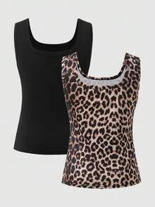 2pcs Teen Girls' Leopard Print & Solid Color Sleeveless Crop Top, Casual Fitted Tank Top For Summer Daily Wear, Sports, Fitness - Multicolor - View 2