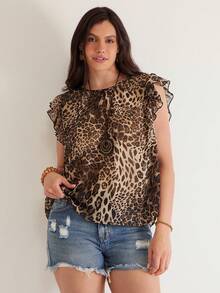 Freevana 大码女式豹纹圆领短袖宽松时尚衬衫 - 咖啡棕 - 查看 1