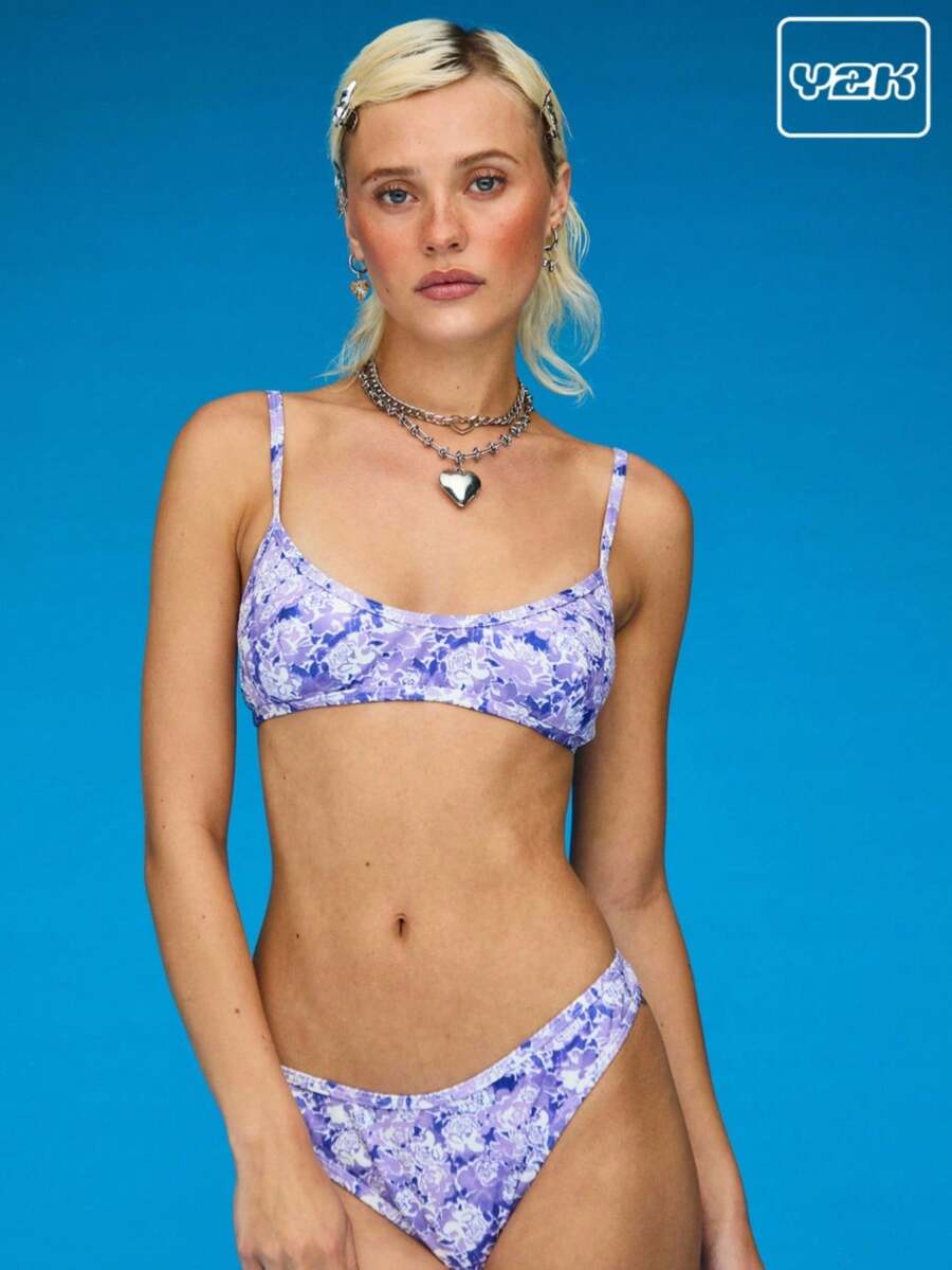 COUREZ Áo bra cổ tròn in hoa kèm quần bikini/Bộ đồ hè cho nữ, đồ bơi đi nghỉ mát, phong cách vintage Y2K. - Màu tím - Xem 1
