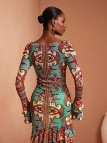 JIAN LASALA All-Over Print Boat Neck Layered Ruffled Sleeves Sheer Mesh Top Women Vacation Casual Boho Tops Beach Wedding Guest - Multicolor - View 2