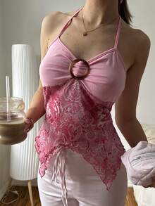 SHEIN EZwear Áo ba lỗ lưới dệt kim in họa tiết cổ điển dành cho nữ - Hồng - Xem 3