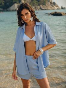 Swim Chiccia Women's Blue Short Sleeve Shirt, Casual Beach Cover-Up 2 Pieces Set - Blue - View 2