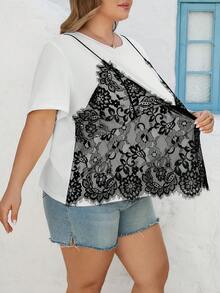 SHEIN CURVE+ 加大码/情人节/大码女式休闲优雅蕾丝拼接圆领短袖T恤，二合一上衣，情人节衬衫 - 黑與白 - 查看 6