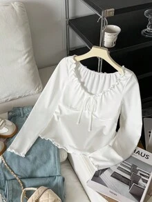 SHEIN 少女优雅褶皱圆领长袖蝴蝶结吊带T恤 秋冬款 - 白色 - 查看 2