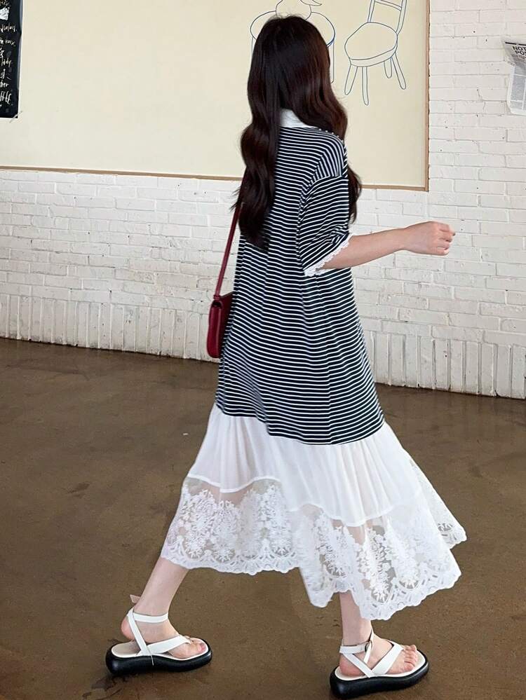 Women's Collared Striped Color Block Midi Dress, Korean Style, Spring/Summer Sundress