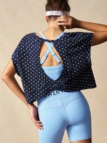 VARSIVA Áo thun thể thao nữ cổ tròn tay ngắn hở lưng họa tiết chấm bi cánh dơi - Nhiều màu - Xem 3