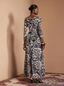 JIAN LASALA 全身印花网纱V领金属环镂空中袖修身女士优雅连衣裙 - 黑色 - 查看 2