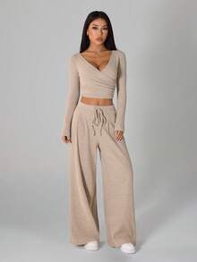 SHEIN PETITE Women's Light Beige Casual Ribbed Long Sleeve T-Shirt And Pants Two Pieces Comfy Lounge Set For Autumn , Petite Women - Khaki - View 10