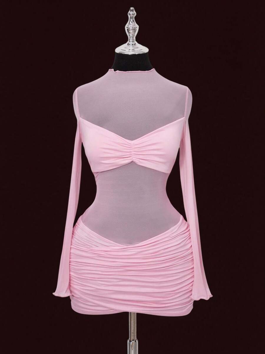 SHEIN ICON 网纱拼接透视褶皱长袖迷你连衣裙 - 粉色 - 查看 1