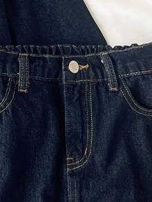 SHEIN 2pcs Set: Dark Blue Denim Cropped Jacket & Mini Skirt For Teenage Girls