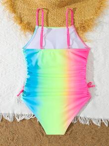 SHEIN Girls 8-12 Years Tank One-Piece Swimsuit, Neon Tie-Dye Palm Tree Smile Print Bathing Suit, Ruched Side Adjustable Straps Swimwear - Multicolor - View 2