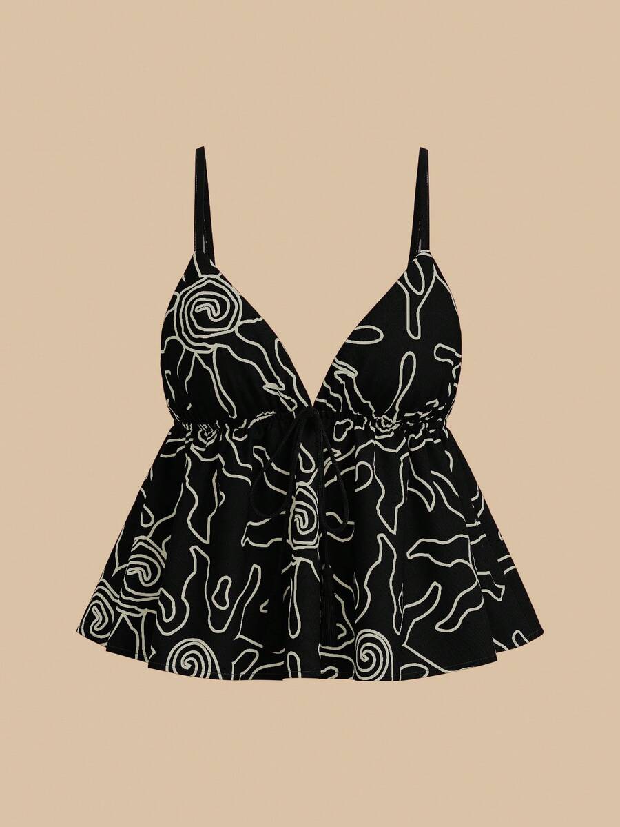 SHEIN TRVLCHIC Áo hai dây nữ dệt họa tiết mặt trời, có dây buộc phía trước. - màu đen - Xem 1