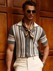 Manfinity CityGents Men's Fashionable Casual Holiday Button-Up Short Sleeve Knit Top - Khaki - View 4