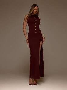 MUSERA 性感高领镂空修身开衩长裙，适合情人节、情人节派对、浪漫夜晚外出、度假、春夏等场合，优雅迷人。 - 酒紅色 - 查看 5